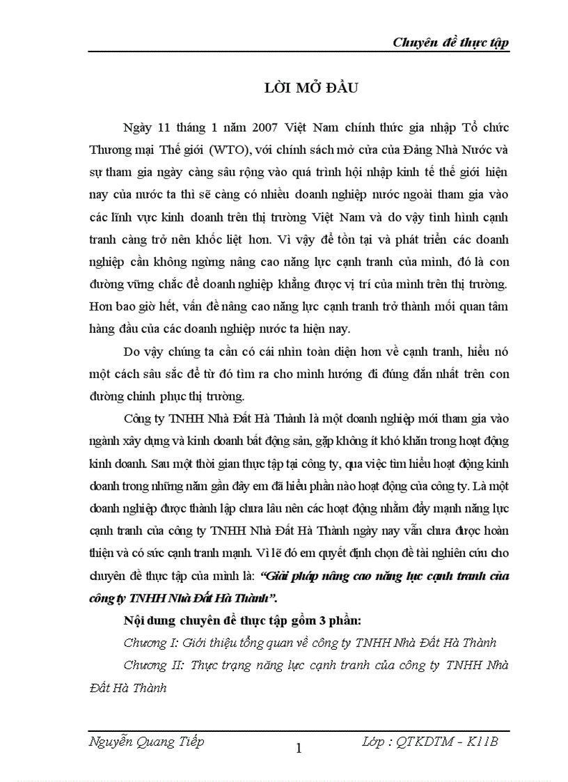 Giải pháp nâng cao năng lực cạnh tranh của công ty TNHH Nhà Đất Hà Thành 1