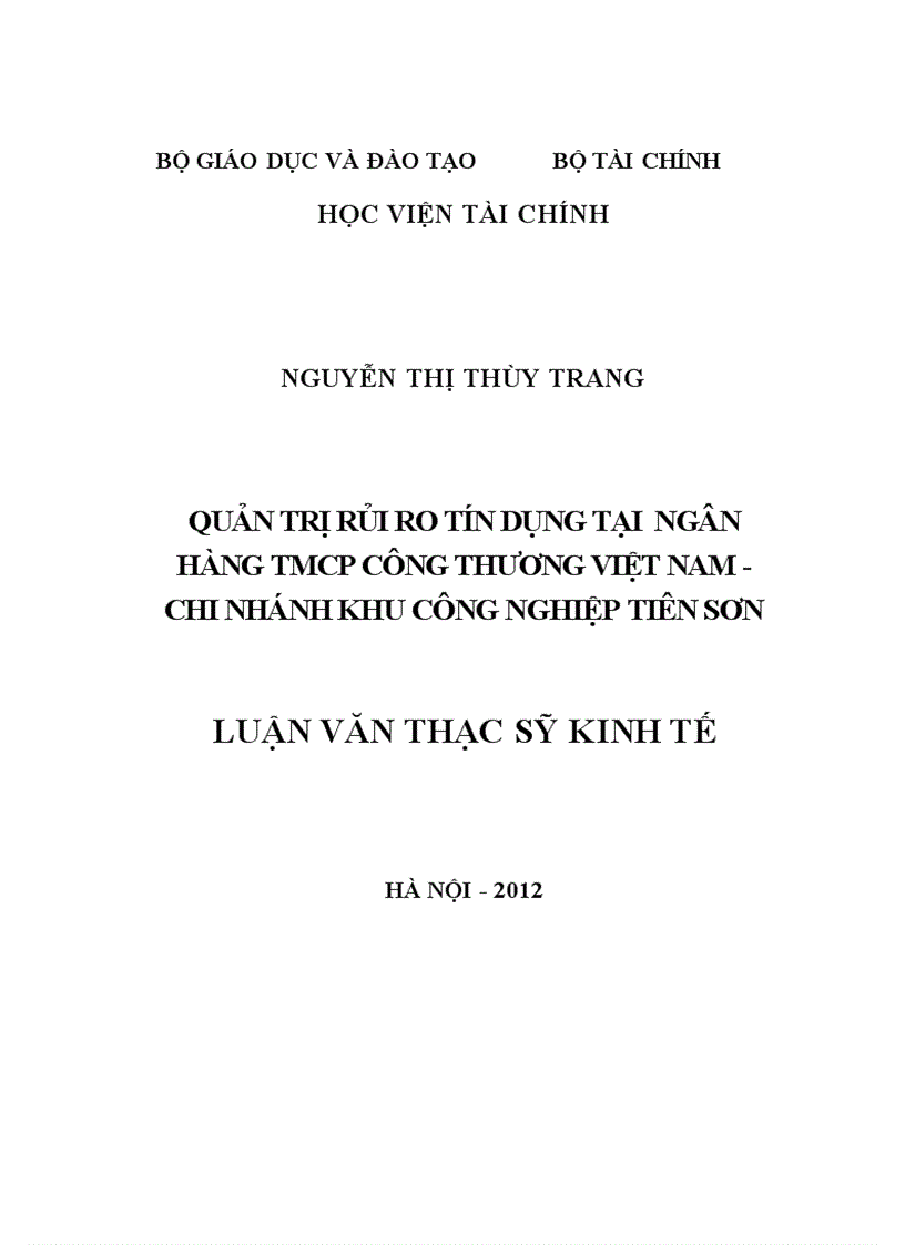 image for page Quản trị rủi ro tín dụng tại Ngân hàng TMCP Công Thương Việt Nam Chi nhánh Khu công nghiệp Tiên Sơn