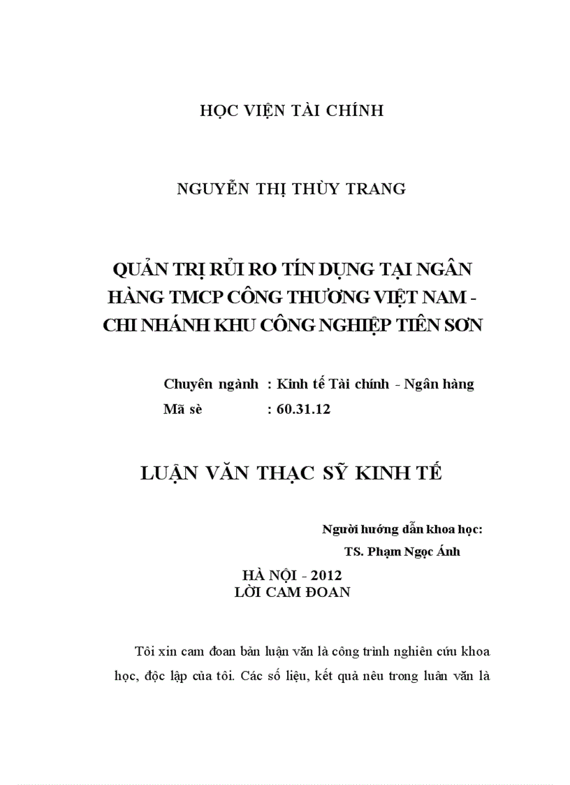 image for page Quản trị rủi ro tín dụng tại Ngân hàng TMCP Công Thương Việt Nam Chi nhánh Khu công nghiệp Tiên Sơn