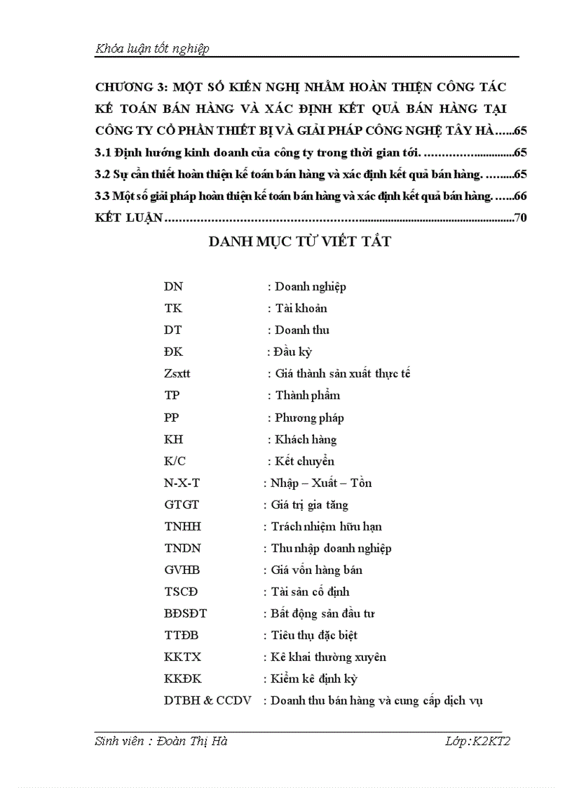 Hoàn thiện công tác kế toán bán hàng và xác định kết quả bán hàng tại công ty cổ phần thết bị và giải pháp công nghệ Tây Hà 3