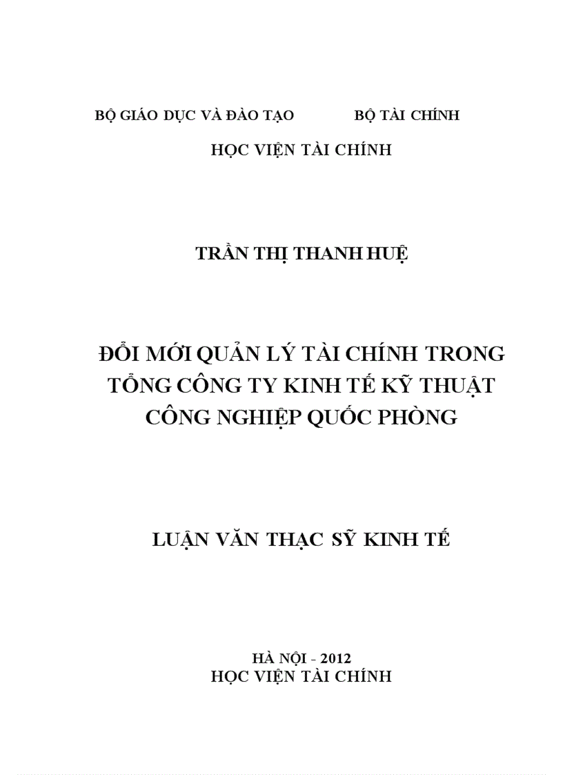 Đổi mới quản lý tài chính trong Tổng công ty kinh tế kỹ thuật Công Nghiệp Quốc Phòng 1