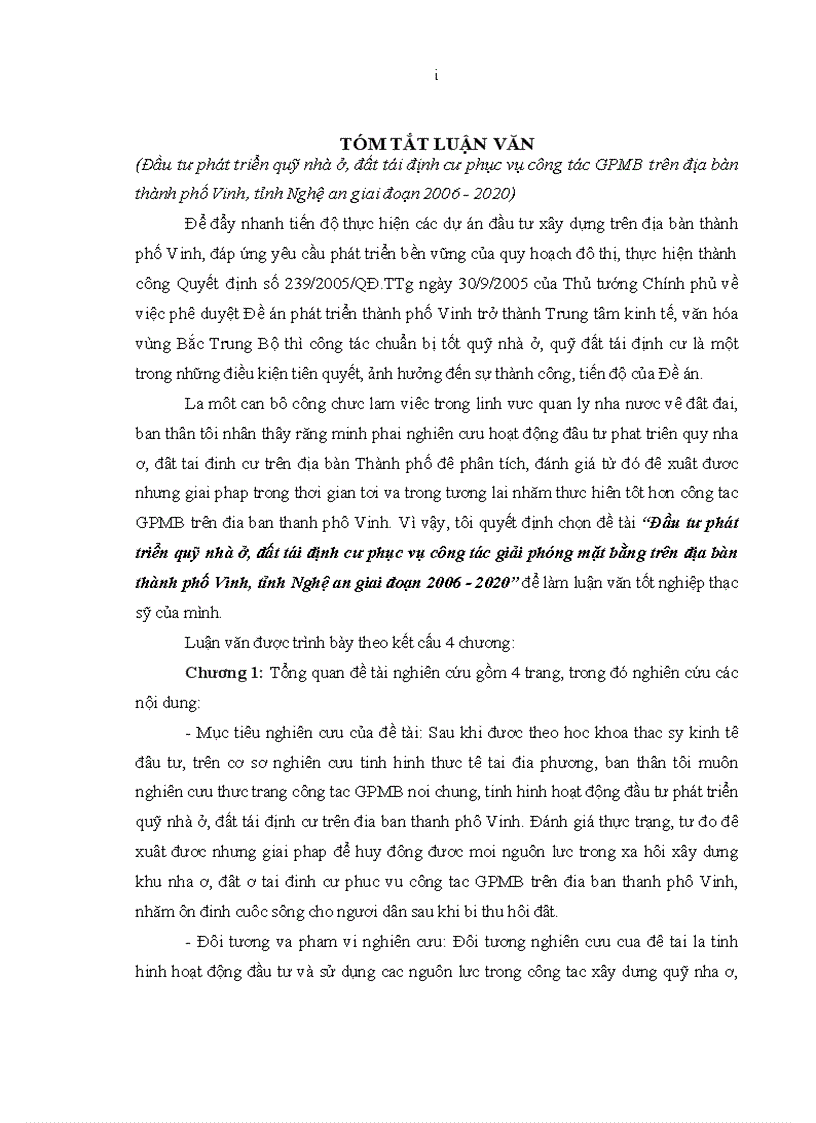 image for page Tóm tắt đề tài Đầu tư phát triển quỹ nhà ở đất tái định cư phục vụ công tác giải phóng mặt bằng trên địa bàn thành phố Vinh tỉnh Nghệ an giai đoạn 2006 2020