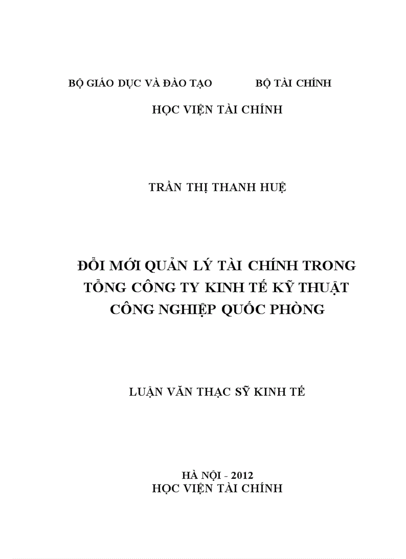 Đổi mới quản lý tài chính trong Tổng công ty Kinh tế Kỹ thuật công nghiệp Quốc phòng