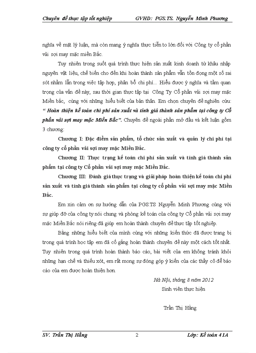 Hoàn thiện kế toán chi phí sản xuất và tính giá thành sản phẩm tại công ty Cổ phần vải sợi may mặc Miền Bắc
