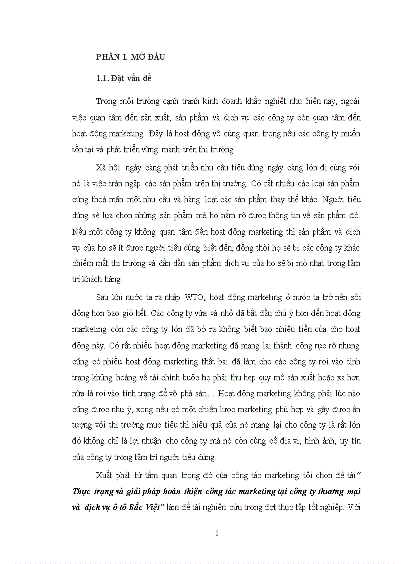 Thực trạng và giải pháp hoàn thiện công tác marketing tại công ty thương mại và dịch vụ ô tô Bắc Việt 1