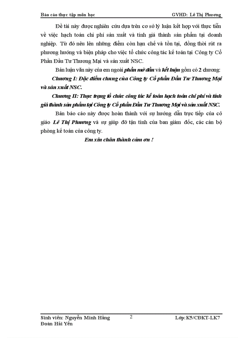 Thực trạng công tác kế toán hạch toán chi phí và tính giá thành sản phẩm tại Công ty Cổ Phần Đầu Tư Thương Mại và sản xuất NSC 1