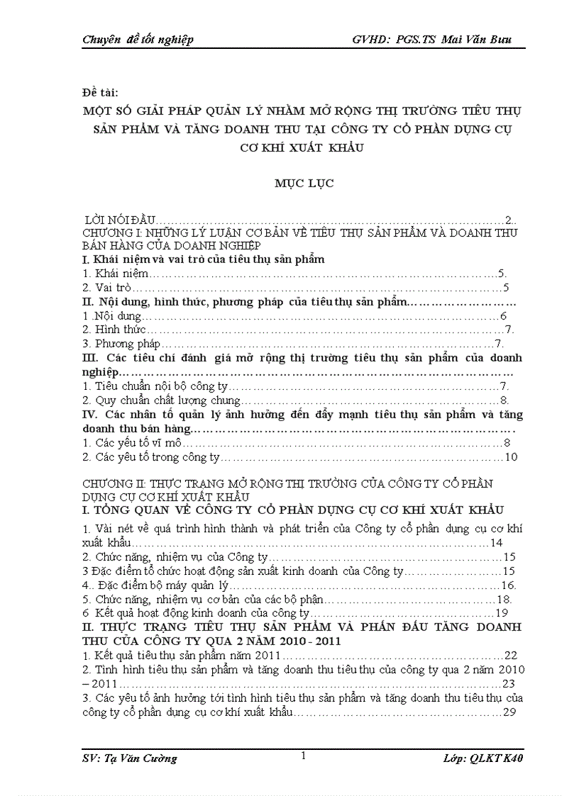 Một số giải pháp quản lý nhằm mở rộng thị trường tiêu thụ sản phẩm và tăng doanh thu tại công ty cổ phần dụng cụ cơ khí xuất khẩu