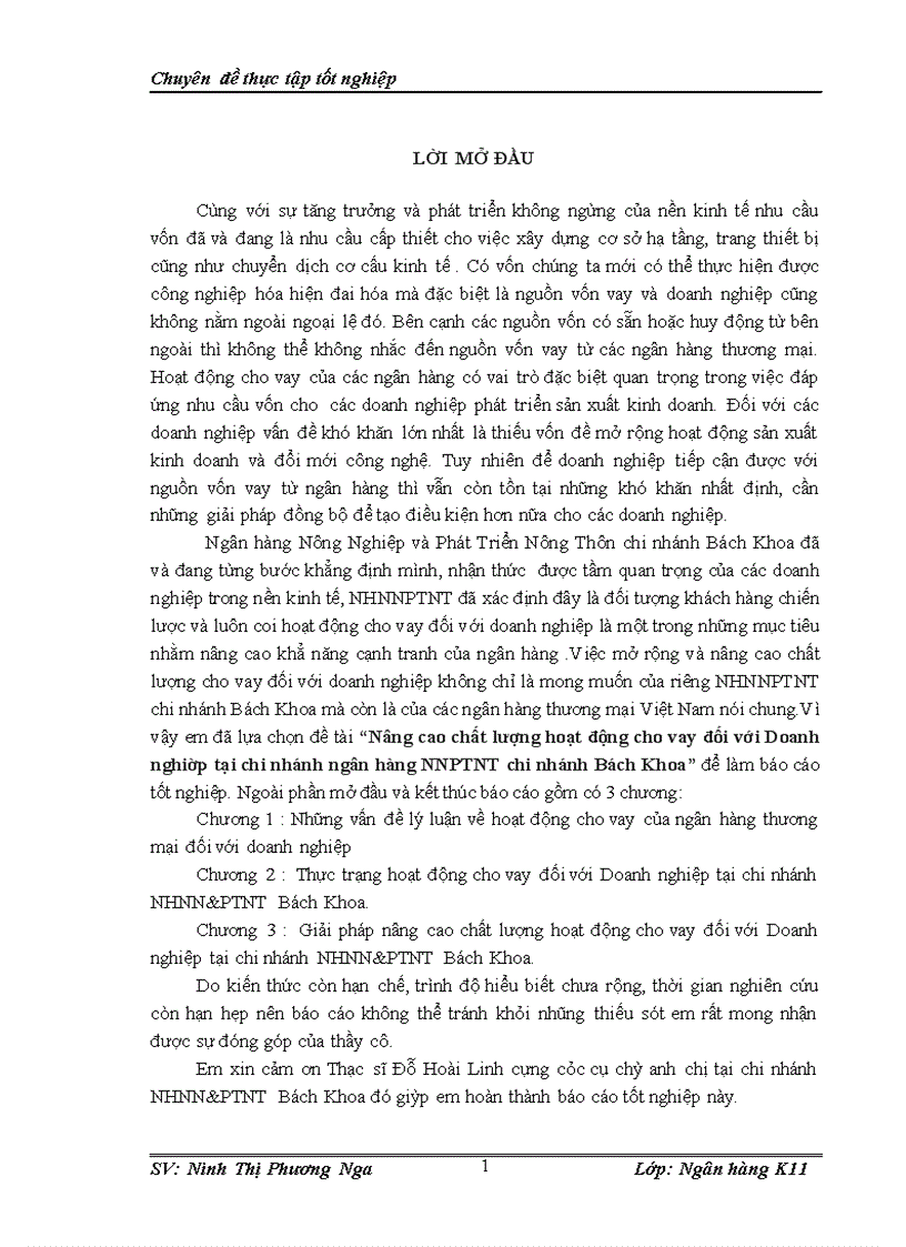 NÂNG CAO CHấT LƯợNG HOạT ĐộNG CHO VAY ĐốI VớI DOANH NGHIệP TạI CHI NHáNH NGÂN HàNG NNPTNT BáCH KHOA