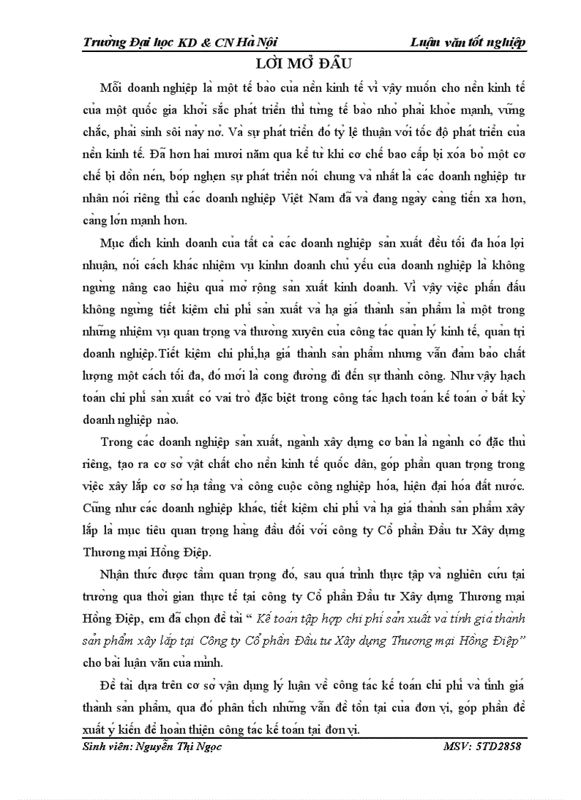 image for page Kế toán tập hợp chi phí sản xuất và tính giá thành sản phẩm xây lắp tại Công ty Cổ phần Đầu tư Xây dựng Thương mại Hồng Điệp