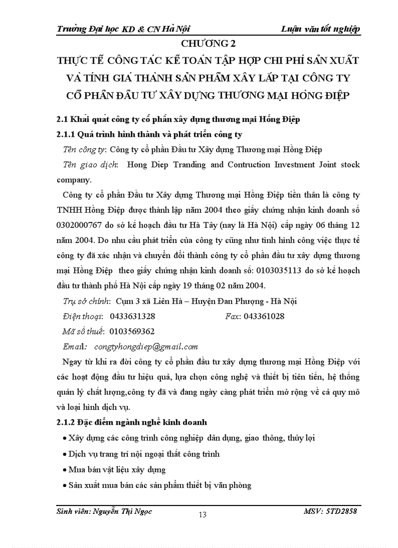 image for page Kế toán tập hợp chi phí sản xuất và tính giá thành sản phẩm xây lắp tại Công ty Cổ phần Đầu tư Xây dựng Thương mại Hồng Điệp