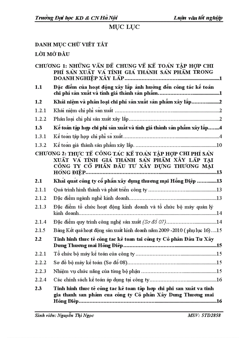image for page Kế toán tập hợp chi phí sản xuất và tính giá thành sản phẩm xây lắp tại Công ty Cổ phần Đầu tư Xây dựng Thương mại Hồng Điệp 1