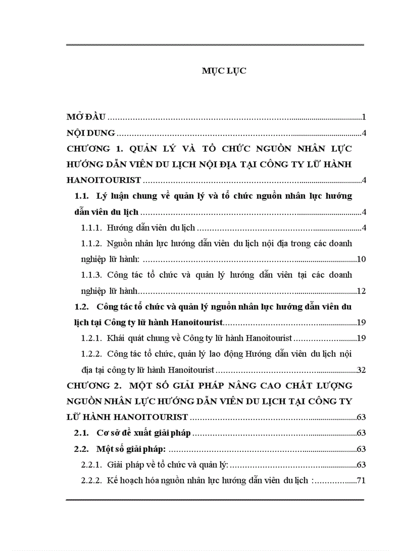 Công tác tổ chức và quản lý nhằm nâng cao chất lượng nguồn nhân lực hướng dẫn viên du lịch nội địa tại công ty Lữ hành HanoiTourist 1