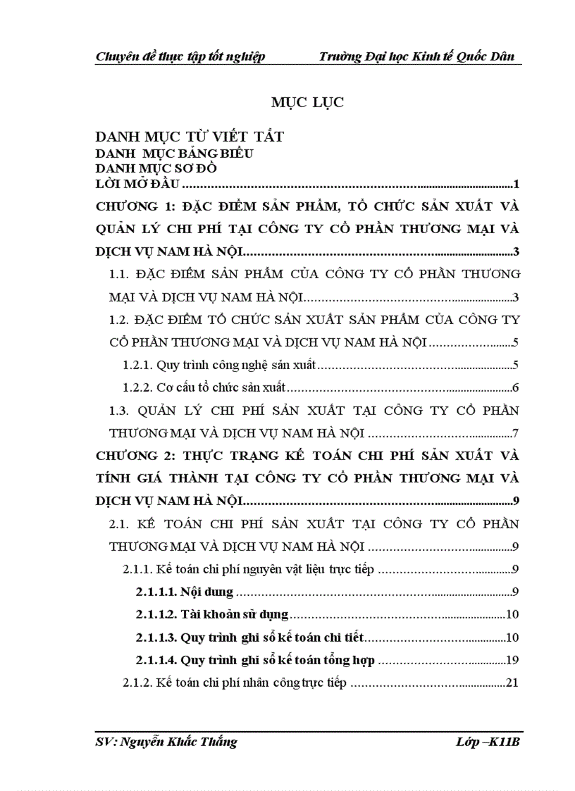 Hoàn thiện kế toán chi phí sản xuất và tính giá thành sản phẩm tại Công ty cổ phần thương mại và dịch vụ Nam Hà Nội