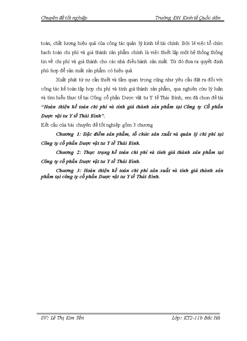 Hoàn thiện kế toán chi phí và tính giá thành sản phẩm tại Công ty Cổ phần Dược vật tư Y tế Thái Bình