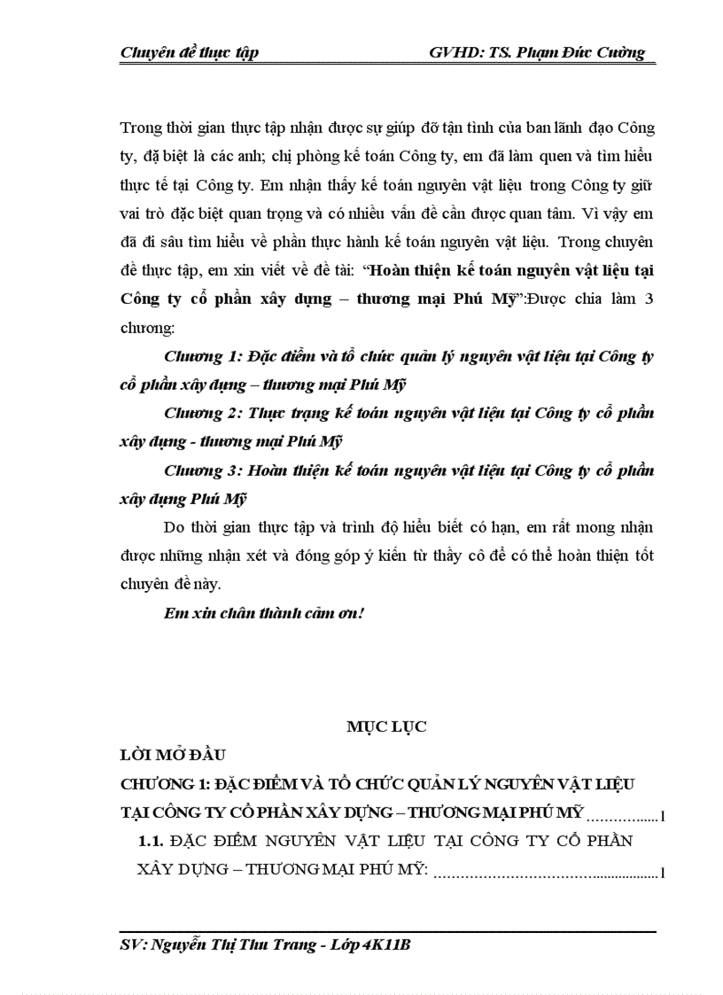 Hoàn thiện kế toán nguyên vật liệu tại Công ty cổ phần xây dựng thương mại Phú Mỹ 1