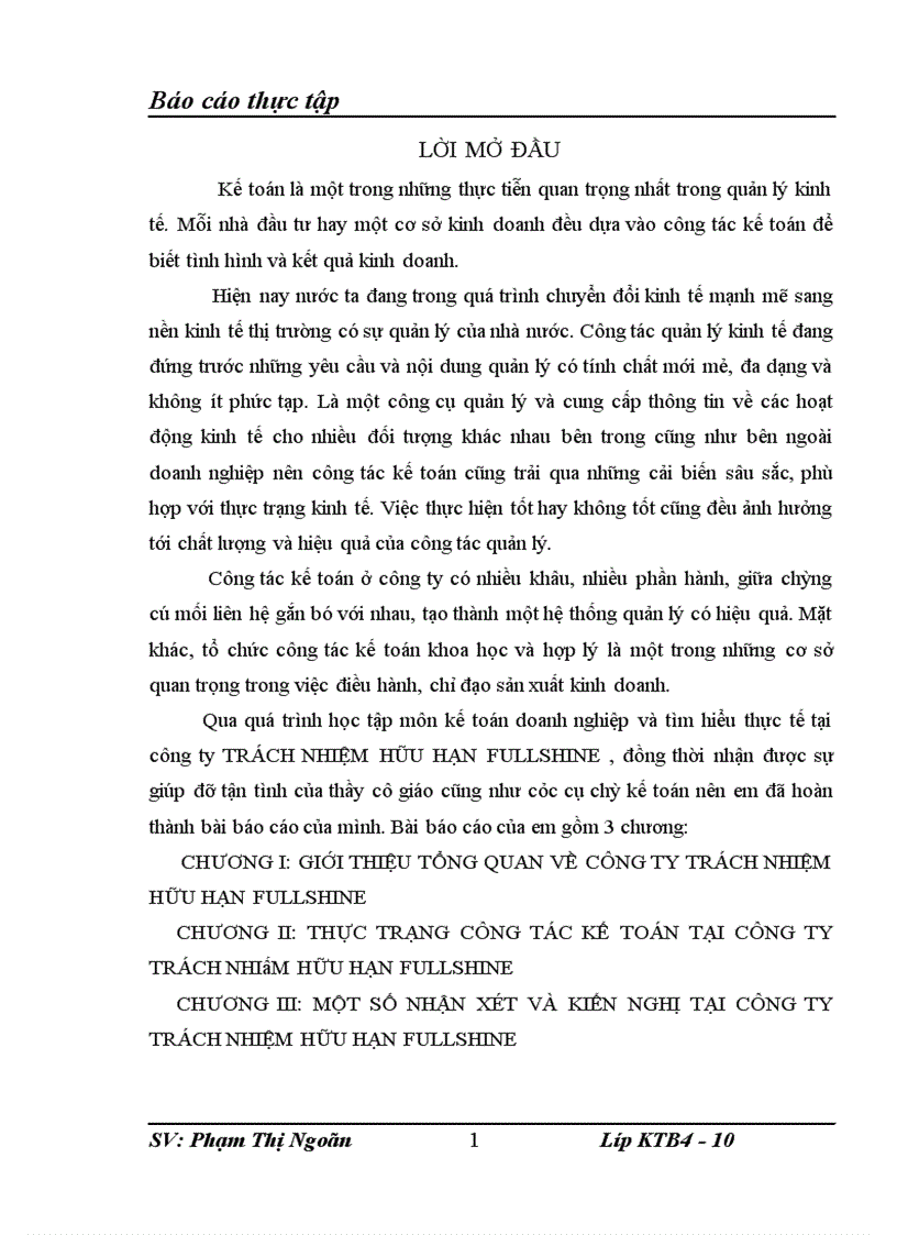 Thực trạng công tác kế toán tại công ty trách nhiêm hữu hạn FULLSHINE