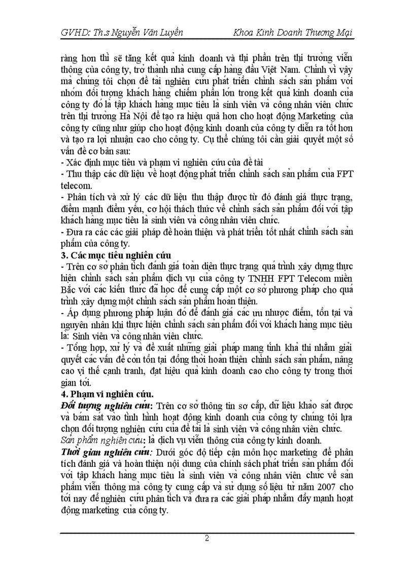Các phương pháp nghiên cứu và thực trạng phát triển chính sách sản phẩm đối với khách hàng mục tiêu là sinh viên và công nhân viên chức của công ty tnhh fpt telecom miền bắc