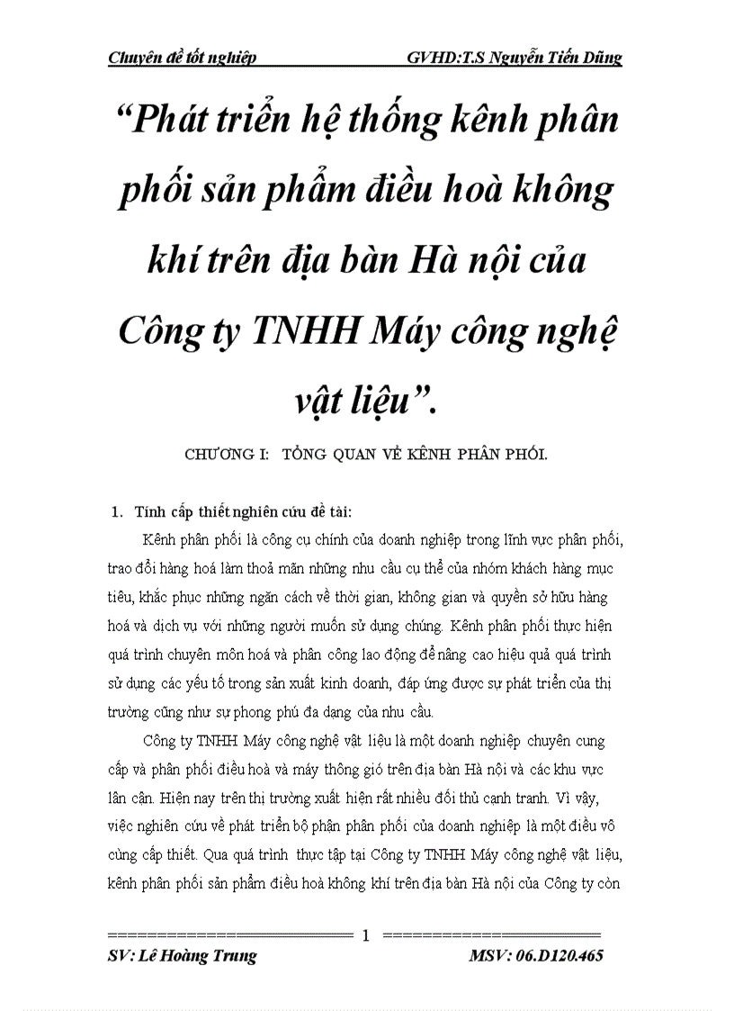 Phát triển hệ thống kênh phân phối sản phẩm điều hoà không khí trên địa bàn Hà nội của Công ty TNHH Máy công nghệ vật liệu