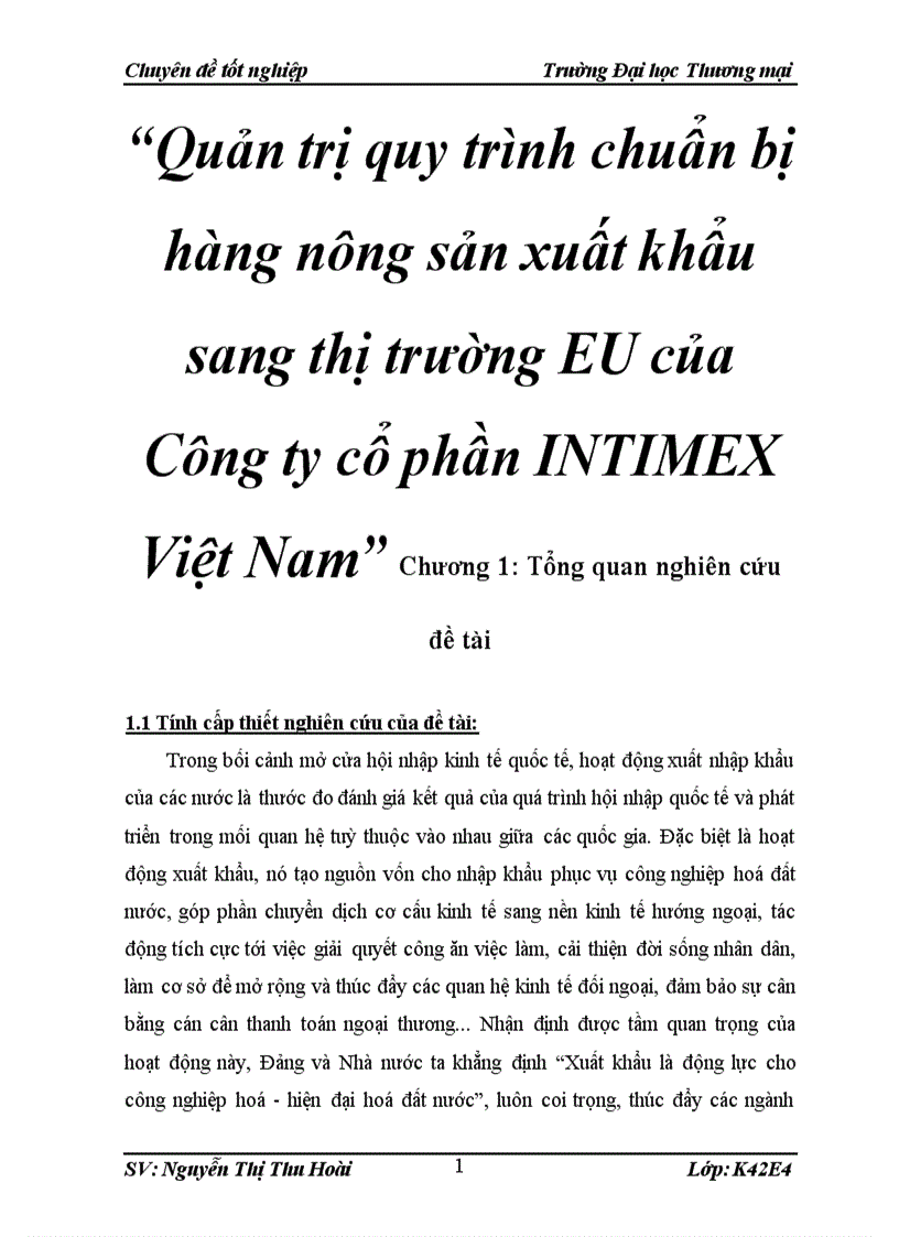 Quản trị quy trình chuẩn bị hàng nông sản xuất khẩu sang thị trường EU của Công ty cổ phần INTIMEX Việt Nam 1