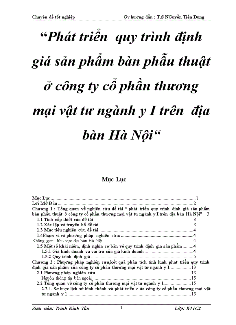 Phát triển quy trình định giá sản phẩm bàn phẫu thuật ở công ty cổ phần thương mại vật tư ngành y I trên địa bàn Hà Nội