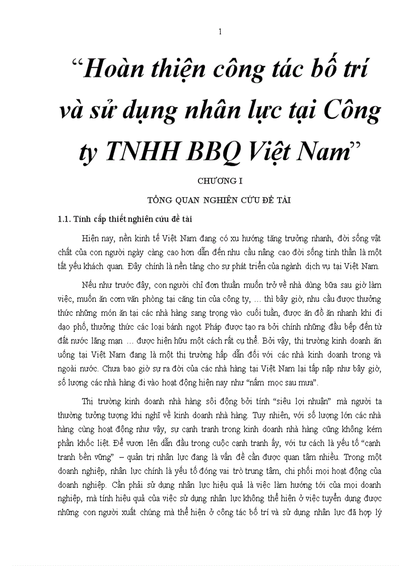 Hoàn thiện công tác bố trí và sử dụng nhân lực tại Công ty TNHH BBQ Việt Nam