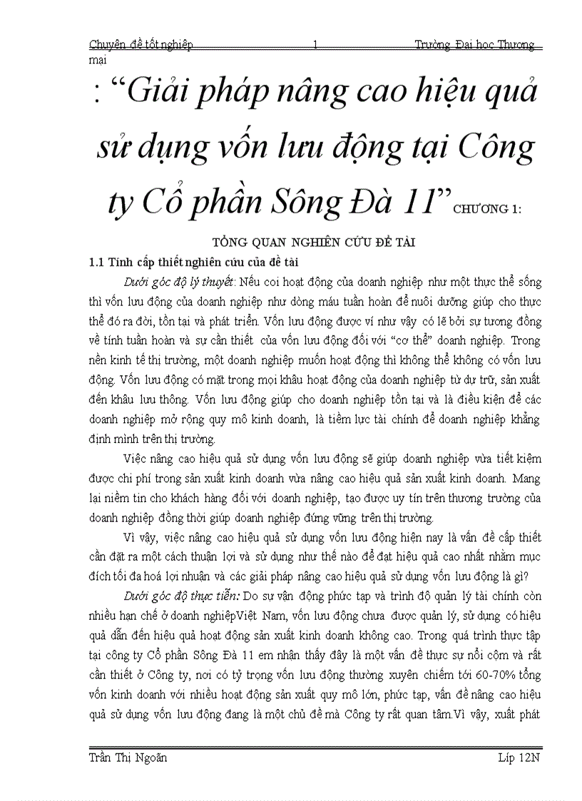 Giải pháp nâng cao hiệu quả sử dụng vốn lưu động tại Công ty Cổ phần Sông Đà 1 1