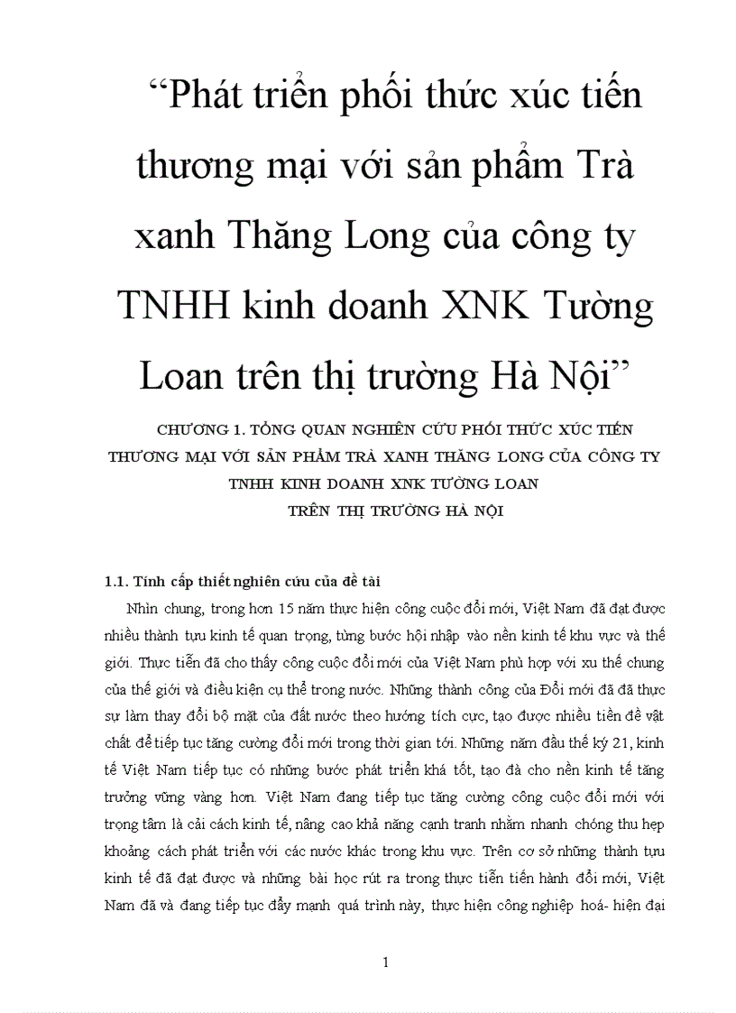 Phát triển phối thức xúc tiến thương mại với sản phẩm Trà xanh Thăng Long của công ty TNHH kinh doanh XNK Tường Loan trên thị trường Hà Nội