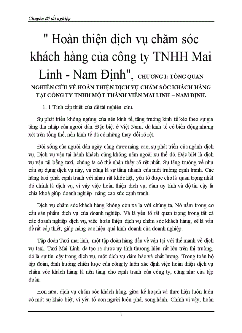 Hoàn thiện dịch vụ chăm sóc khách hàng của công ty TNHH Mai Linh Nam Định