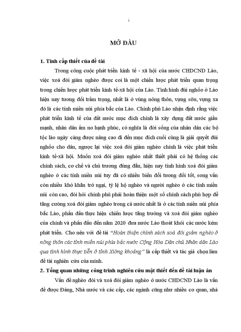 Hoàn thiện chính sách xoá đói giảm nghèo ở nông thôn các tỉnh miền núi phía bắc nước Cộng Hòa Dân chủ Nhân dân Lào qua tình hình thực tiễn ở tỉnh Xiêng khoảng