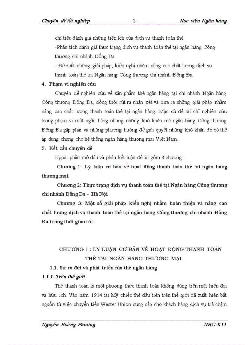 Giải pháp nhằm hoàn thiện và nâng cao chất lượng dịch vụ thanh toán thẻ tại Ngân hàng Công thương Việt Nam chi nhánh Đống Đa
