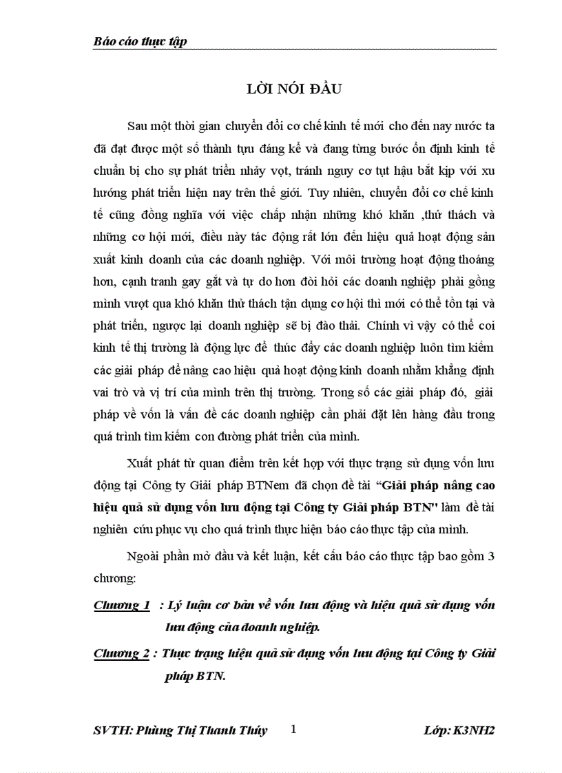 Giải pháp nâng cao hiệu quả sử dụng vốn lưu động tại Công ty Giải pháp BTN