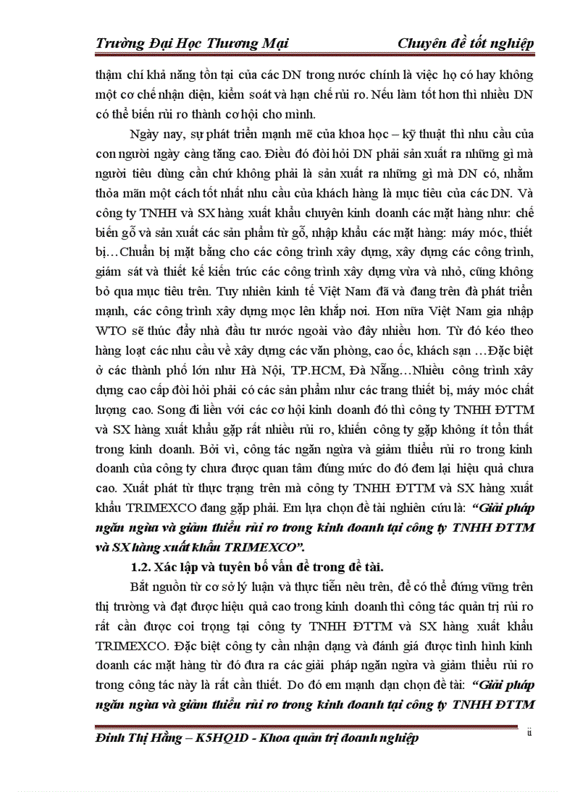 Đề tài giải pháp ngăn ngừa và giảm thiểu rủi ro trong kinh doanh tại công ty tnhh đttm và sx hàng xuất khẩu trimexco
