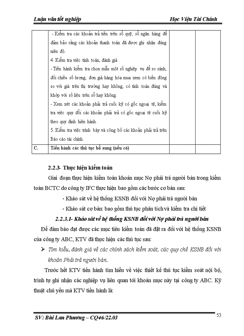 image for page Hoàn thiện quy trình kiểm toán khoản mục Nợ phải trả người bán trong kiểm toán Báo cáo tài chính do Công ty TNHH Kiểm toán và tư vấn tài chính quốc tế IFC thực hiện