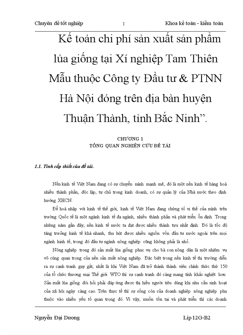 Kế toán chi phí sản xuất sản phẩm lúa giống tại Xí nghiệp Tam Thiên Mẫu thuộc Công ty Đầu tư PTNN Hà Nội đóng trên địa bàn huyện Thuận Thành tỉnh Bắc Ninh 1