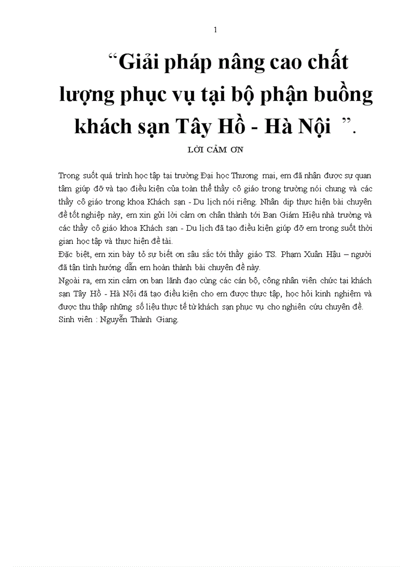 Giải pháp nâng cao chất lượng phục vụ tại bộ phận buồng khách sạn Tây Hồ Hà Nội 4