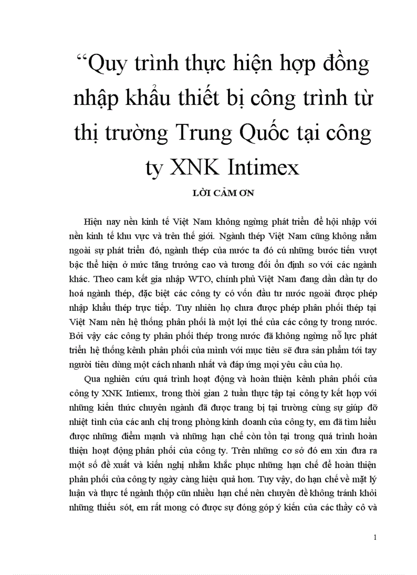 Quy trình thực hiện hợp đồng nhập khẩu thiết bị công trình từ thị trường Trung Quốc tại công ty XNK Intimex 1