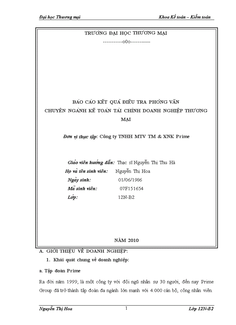 BÁO CÁO KẾT QUẢ ĐIỀU TRA PHỎNG VẤN CHUYÊN NGÀNH KẾ TOÁN TÀI CHÍNH DOANH NGHIỆP THƯƠNG MẠI Công ty TNHH MTV TM XNK Prime