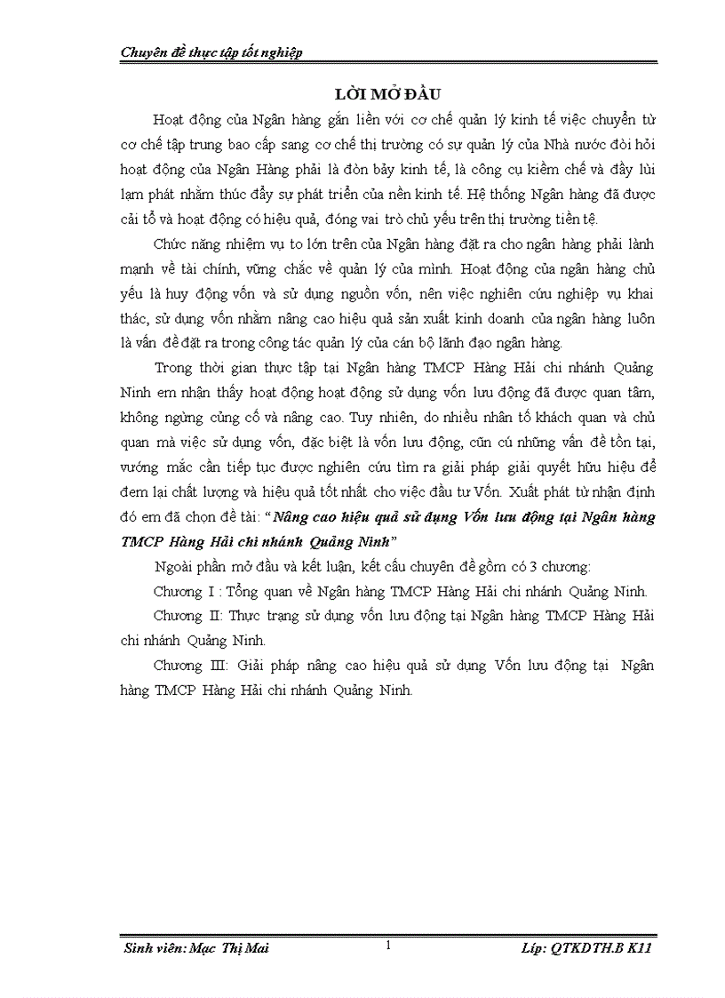 Nâng cao hiệu quả sử dụng Vốn lưu động tại Ngân hàng TMCP Hàng Hải chi nhánh Quảng Ninh 1