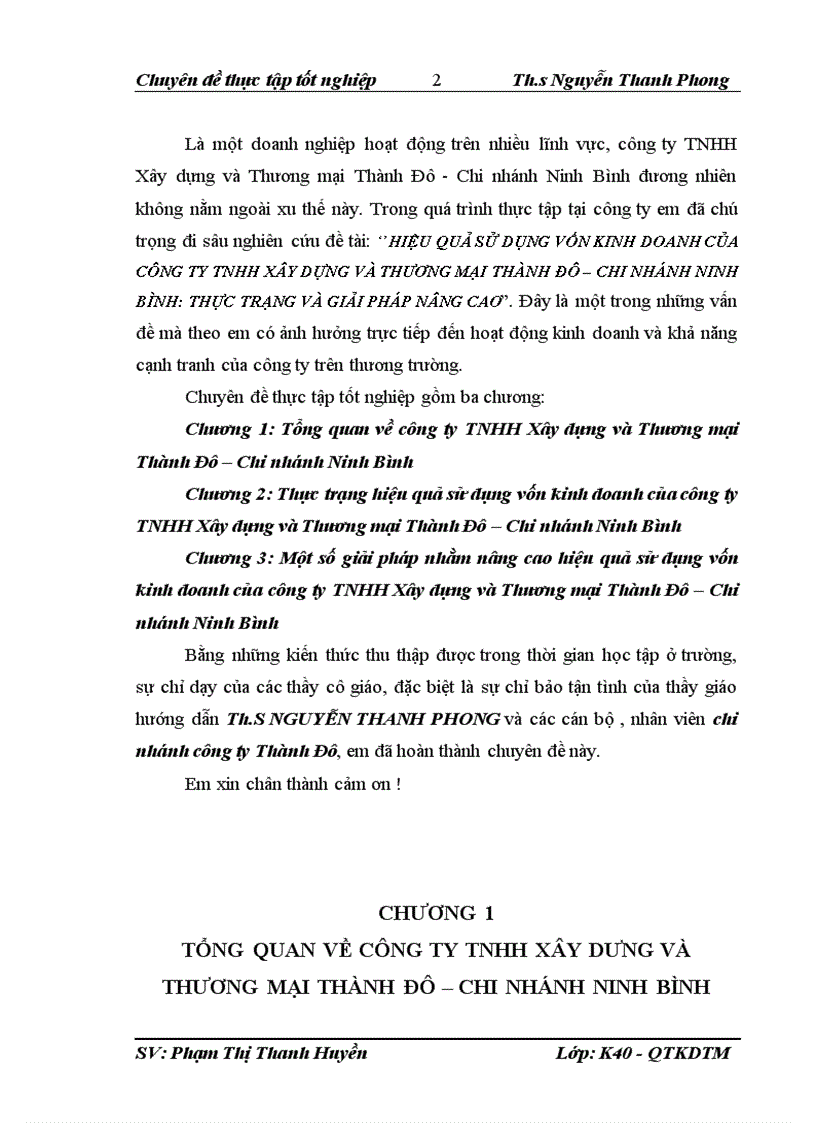 Một số giải pháp nhằm nâng cao hiệu quả sử dụng vốn kinh doanh của công ty TNHH Xây dựng và Thương mại Thành Đô Chi nhánh Ninh Bình
