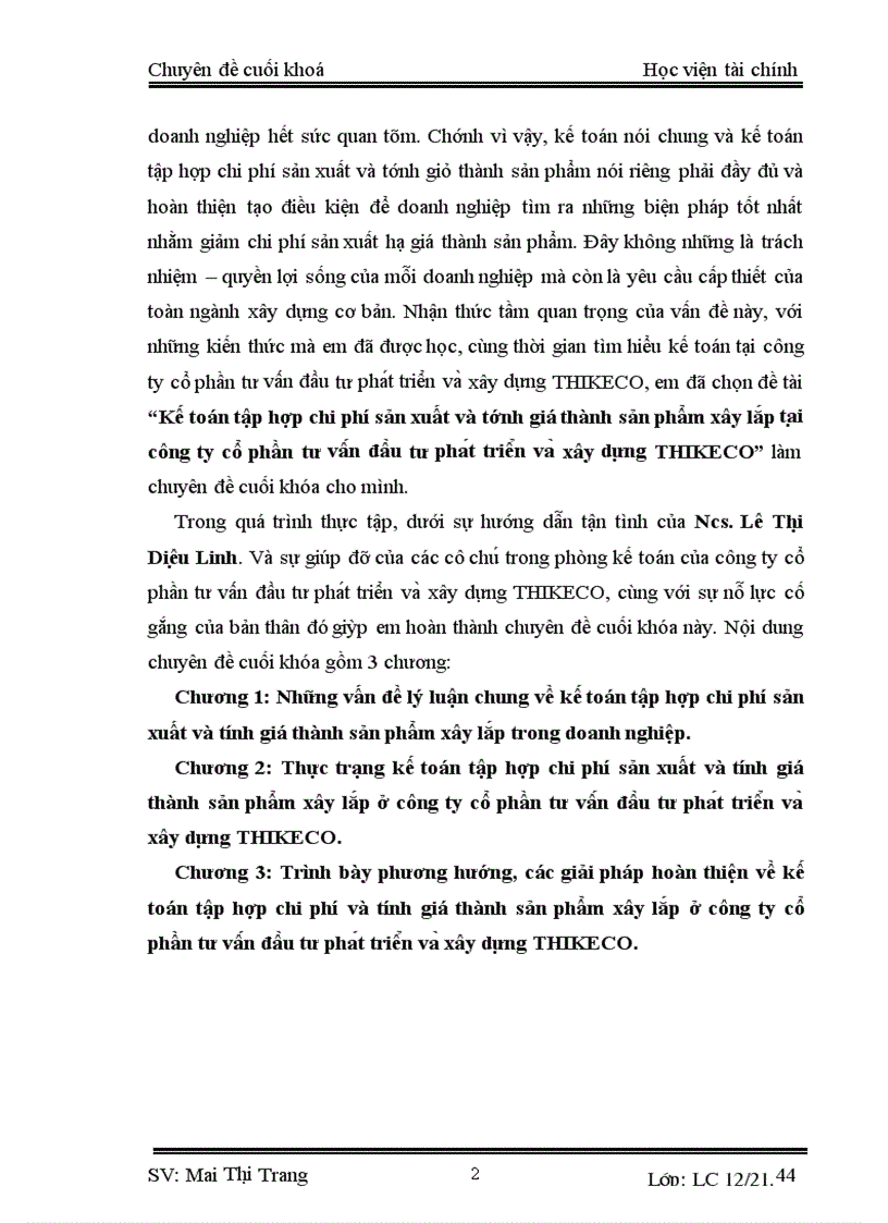 Kế toán tập hợp chi phí sản xuất và tính giá thành sản phẩm xây lắp tại công ty cổ phần tư vấn đầu tư phát triển và xây dựng THIKECO