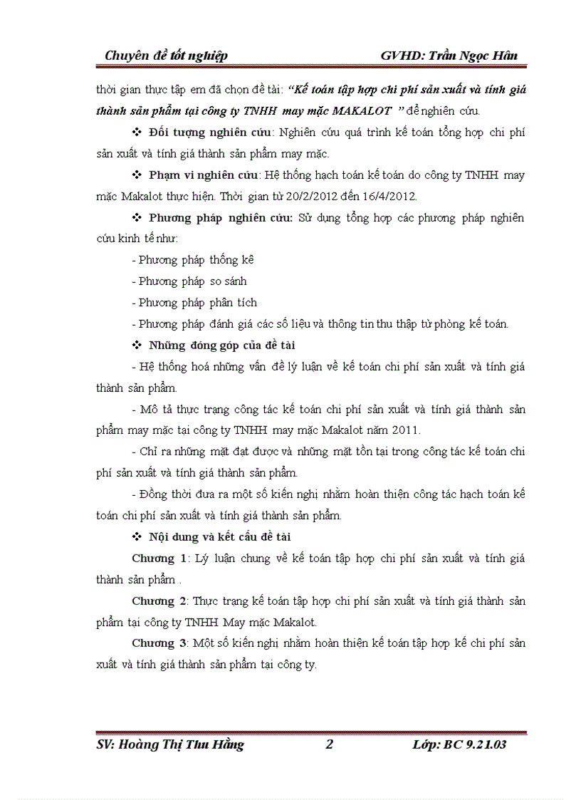 Kế toán tập hợp chi phí sản xuất và tính giá thành sản phẩm tại công ty TNHH may mặc MAKALOT
