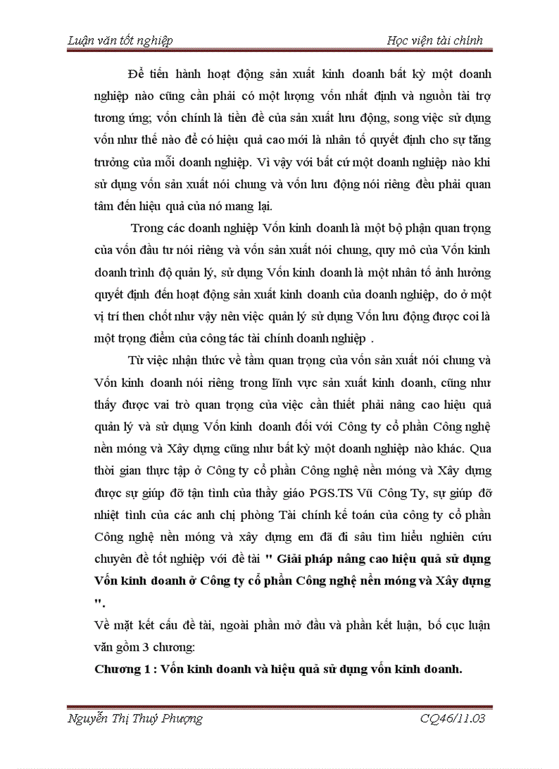 Giải pháp nâng cao hiệu quả sử dụng Vốn kinh doanh ở Công ty cổ phần Công nghệ nền móng và Xây dựng 3