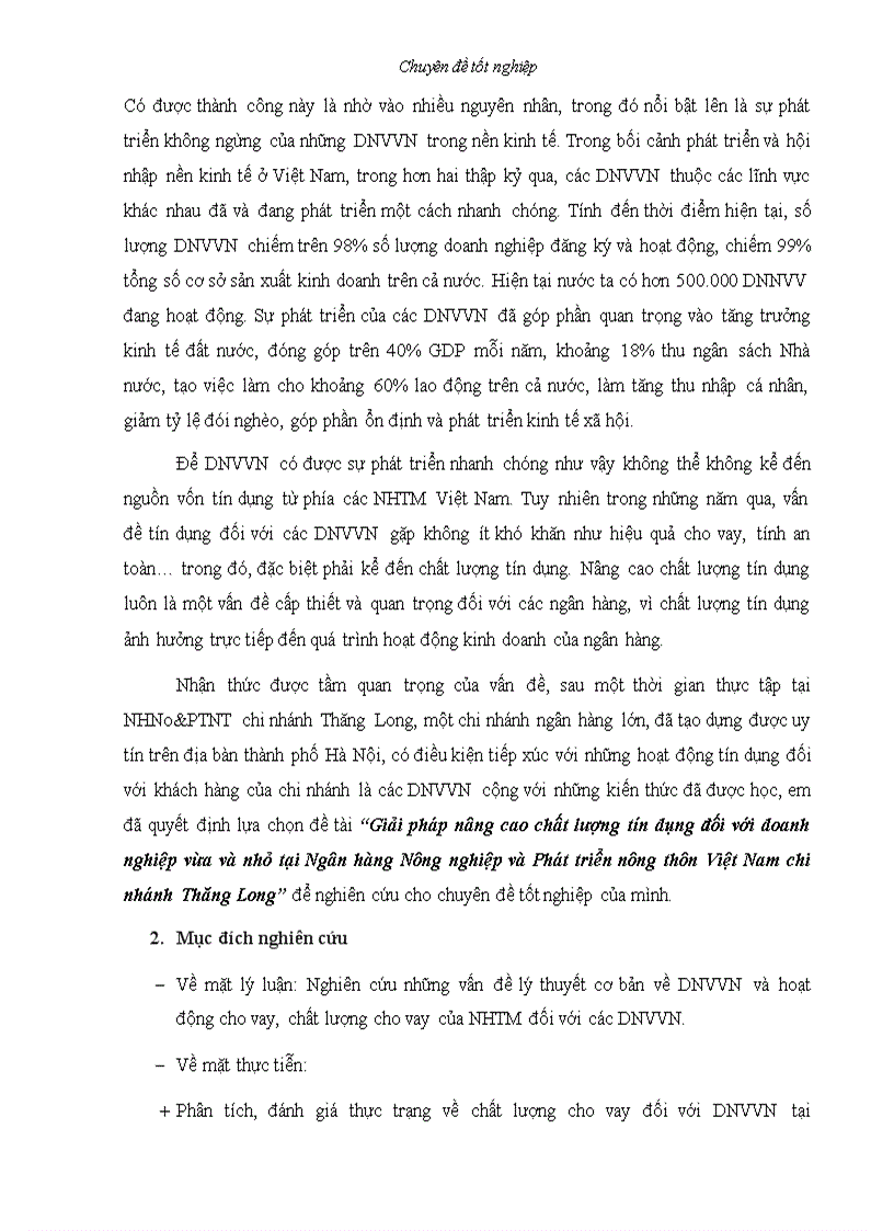 image for page Giải pháp nâng cao chất lượng tín dụng đối với doanh nghiệp vừa và nhỏ tại ngân hàng nông nghiệp và phát triển nông thôn chi nhánh THĂNG LONG