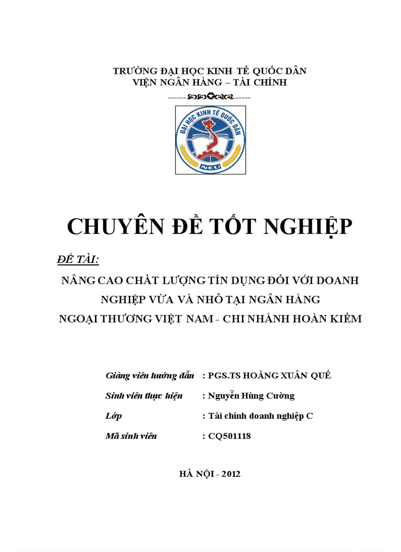 Nâng cao chất lượng tín dụng đối với doanh nghiệp vừa và nhỏ tại ngân hàng ngoại thương việt nam chi nhánh HOÀN KIẾM