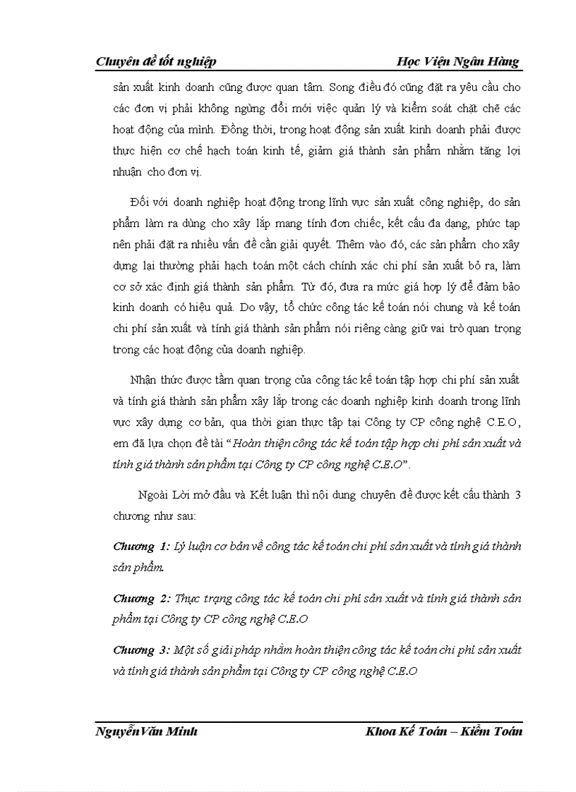 Hoàn thiện công tác kế toán tập hợp chi phí sản xuất và tính giá thành sản phẩm tại Công ty CP công nghệ C E O 1