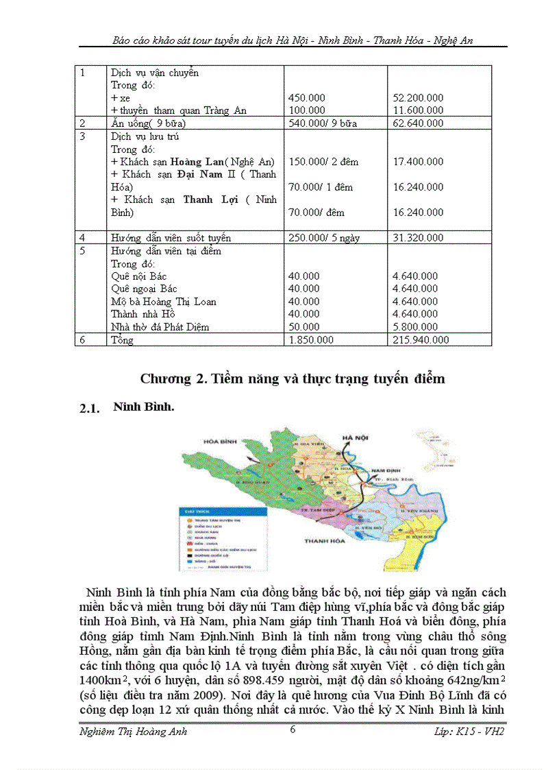 Báo cáo khảo sát tour tuyến du lịch Hà Nội Ninh Bình Thanh Hóa Nghệ An