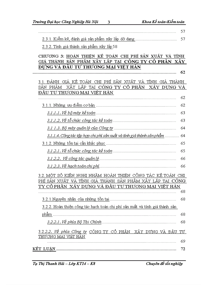 Hoàn thiện kế toán chi phí sản xuất và tính giá thành sản phẩm xây lắp tại công ty cổ phần xây dựng và đầu tư thương mại việt hàn
