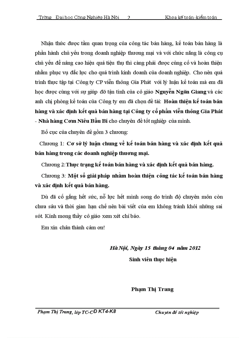 Hoàn thiện kế toán bán hàng và xác định kết quả bán hàng tại Công ty cổ phần viễn thụng Gia Phỏt Nhà hàng Cơm Niờu Bầu Bớ