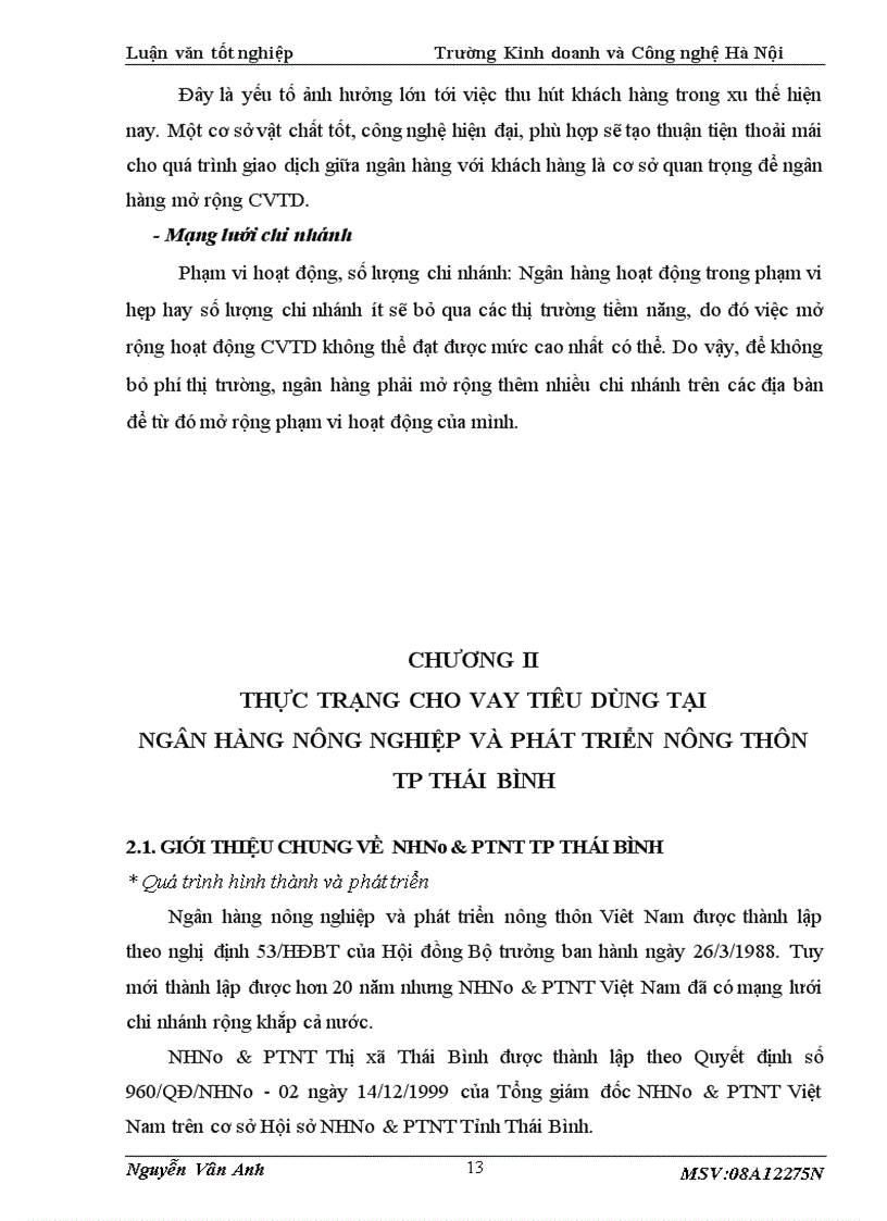 image for page Thực trạng cho vay tiêu dùng tại NHNo PTNT TP Thái Bình