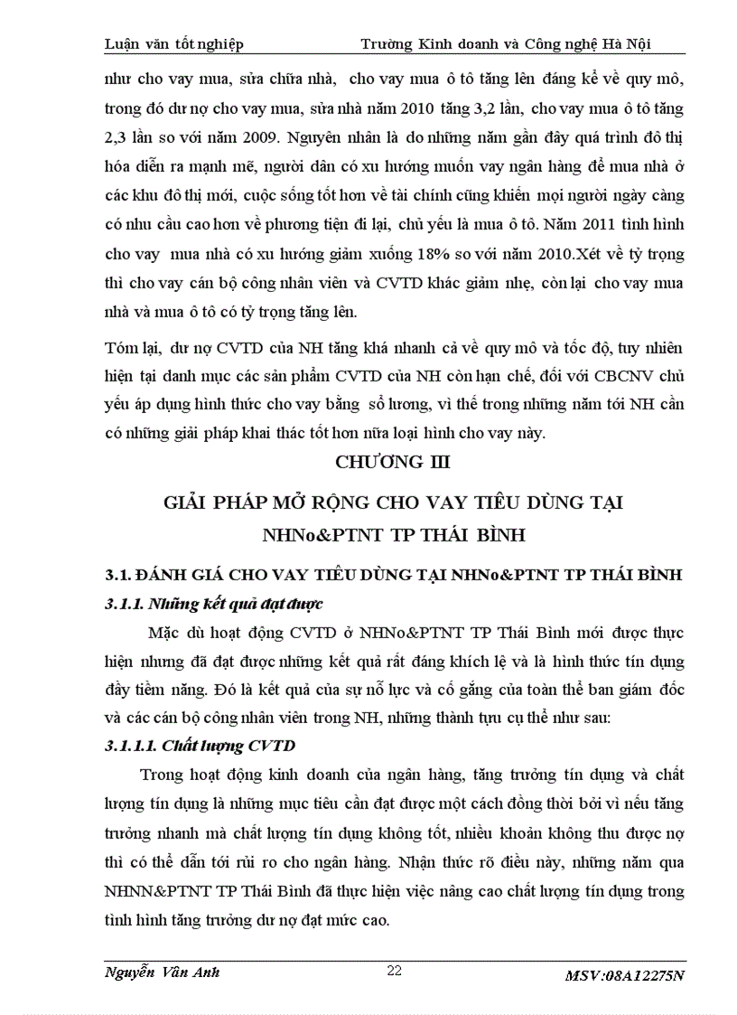 image for page Thực trạng cho vay tiêu dùng tại NHNo PTNT TP Thái Bình